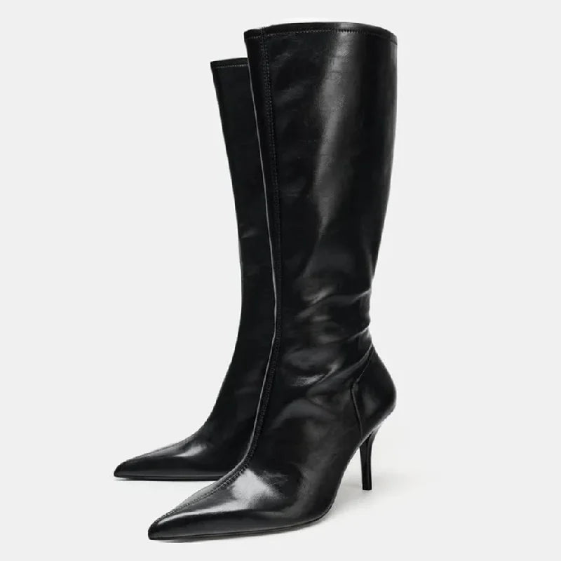 Winter Black Soft Leather Knee Boots