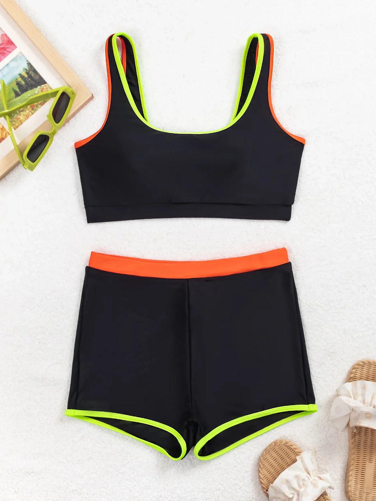 Solid Color Block Tank Top Boyleg Two Piece Bikini Set Tummy Control Swimwear Swimsuit