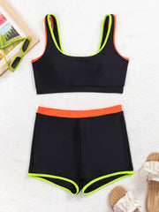 Solid Color Block Tank Top Boyleg Two Piece Bikini Set Tummy Control Swimwear Swimsuit