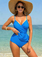 Solid Color Set with Ruffle Hem Fashion Two Piece Swimsuit Straps Neck Tummy Control Swimwear Panties