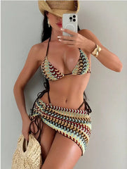 3 Piece Bikini Set Striped Tie-Side Top & Cheeky Bottom with Wrap Outfit Swimsuits