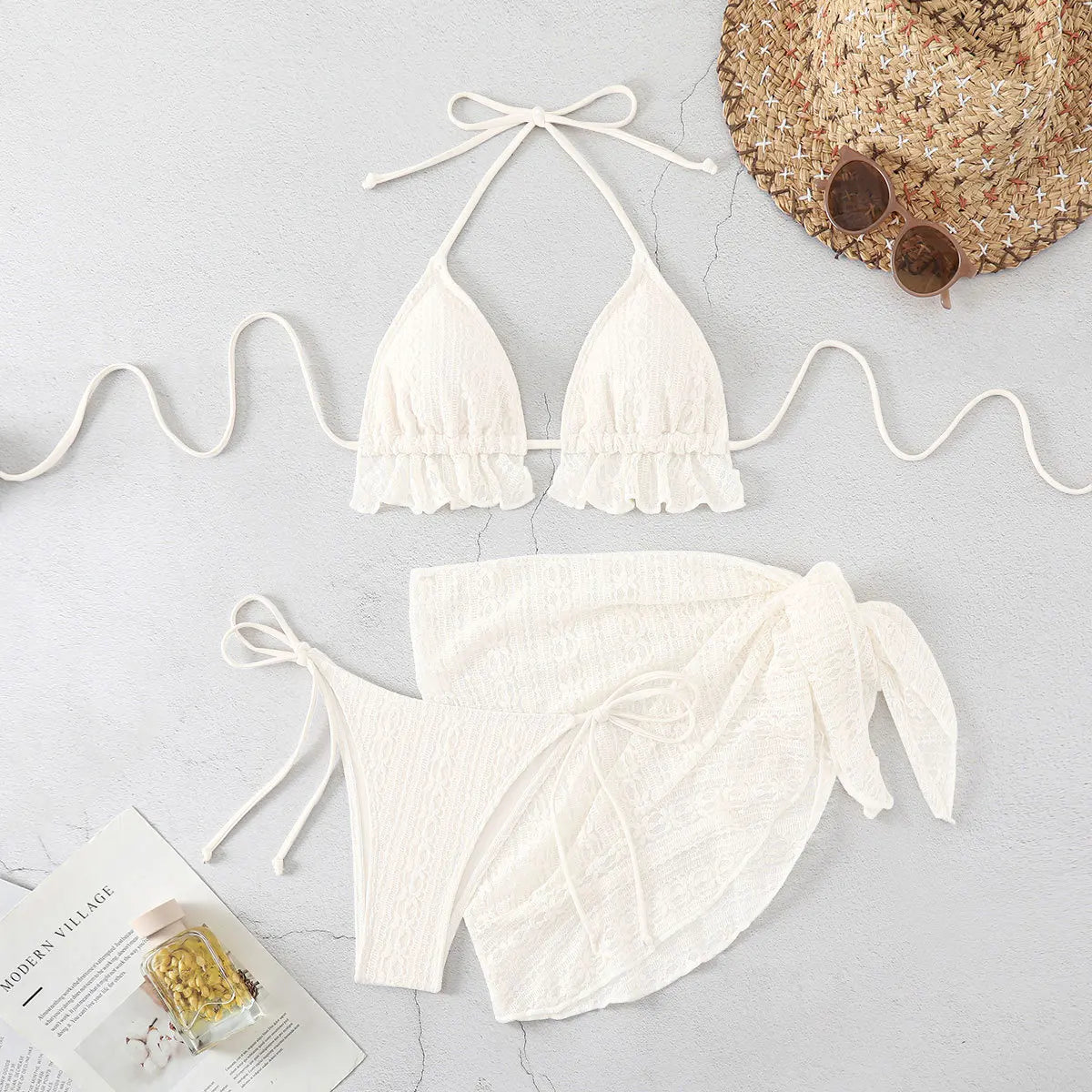 3 Piece Lace Trim Bikini Set Tie-Front Swimsuit Resort Wear White See Through Swimsuit