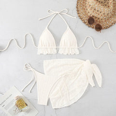 3 Piece Lace Trim Bikini Set Tie-Front Swimsuit Resort Wear White See Through Swimsuit