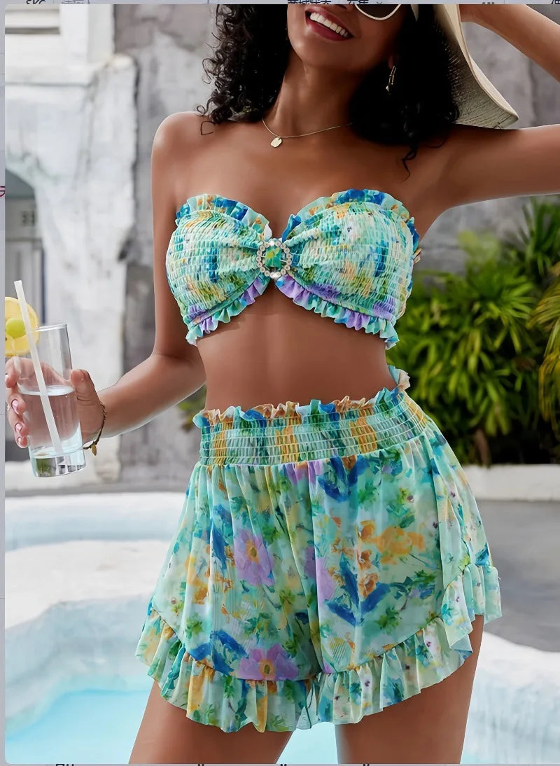 3 Piece Underwire Bikini Set Smocked Print Two Piece Swimsuit with Cover Upwear Boho