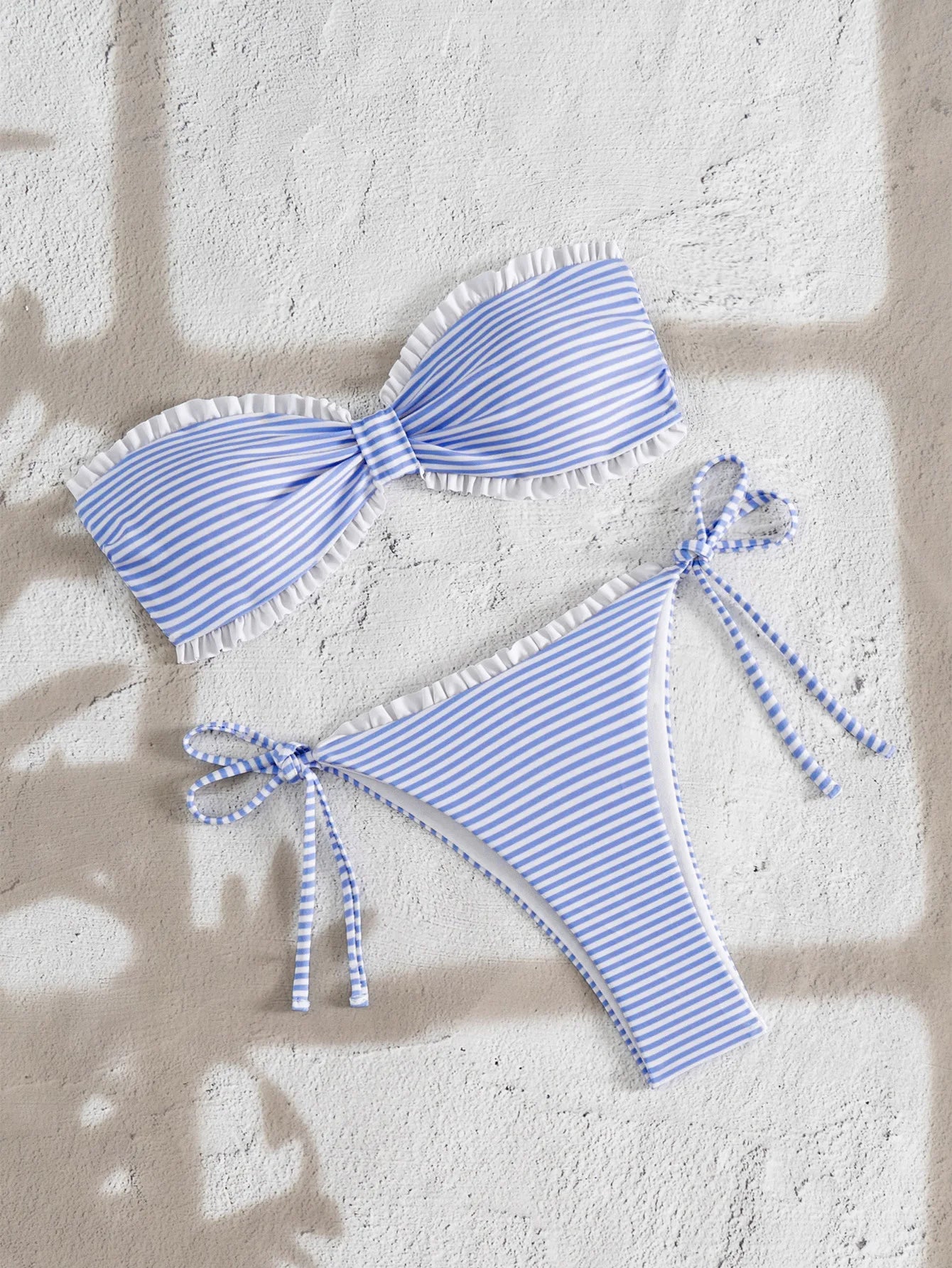 Bandeau Bikini Set with Fresh Floral Print Two Piece Swimsuit Off Shoulder Blue Micro Bikini Suit Thongs Swimwear