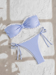 Bandeau Bikini Set with Fresh Floral Print Two Piece Swimsuit Off Shoulder Blue Micro Bikini Suit Thongs Swimwear