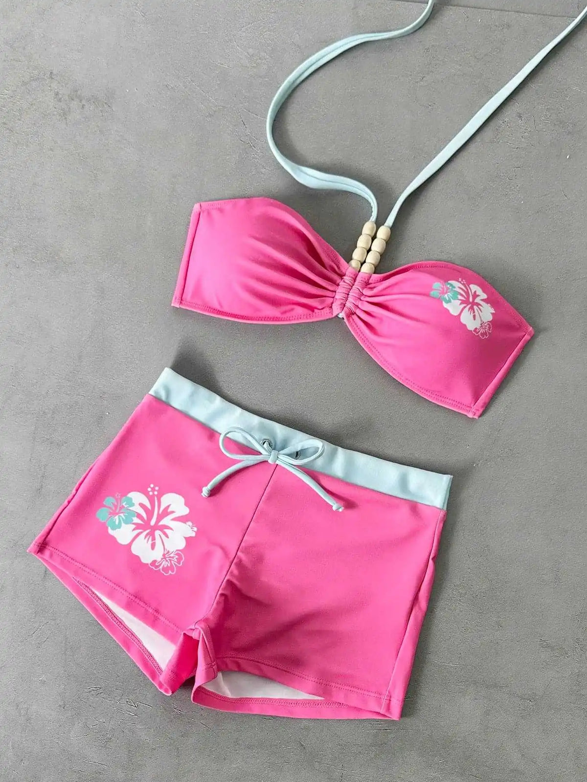 Color Block Bandeau Printed Two Piece Bikini Set Tummy Control Modest Swimwear