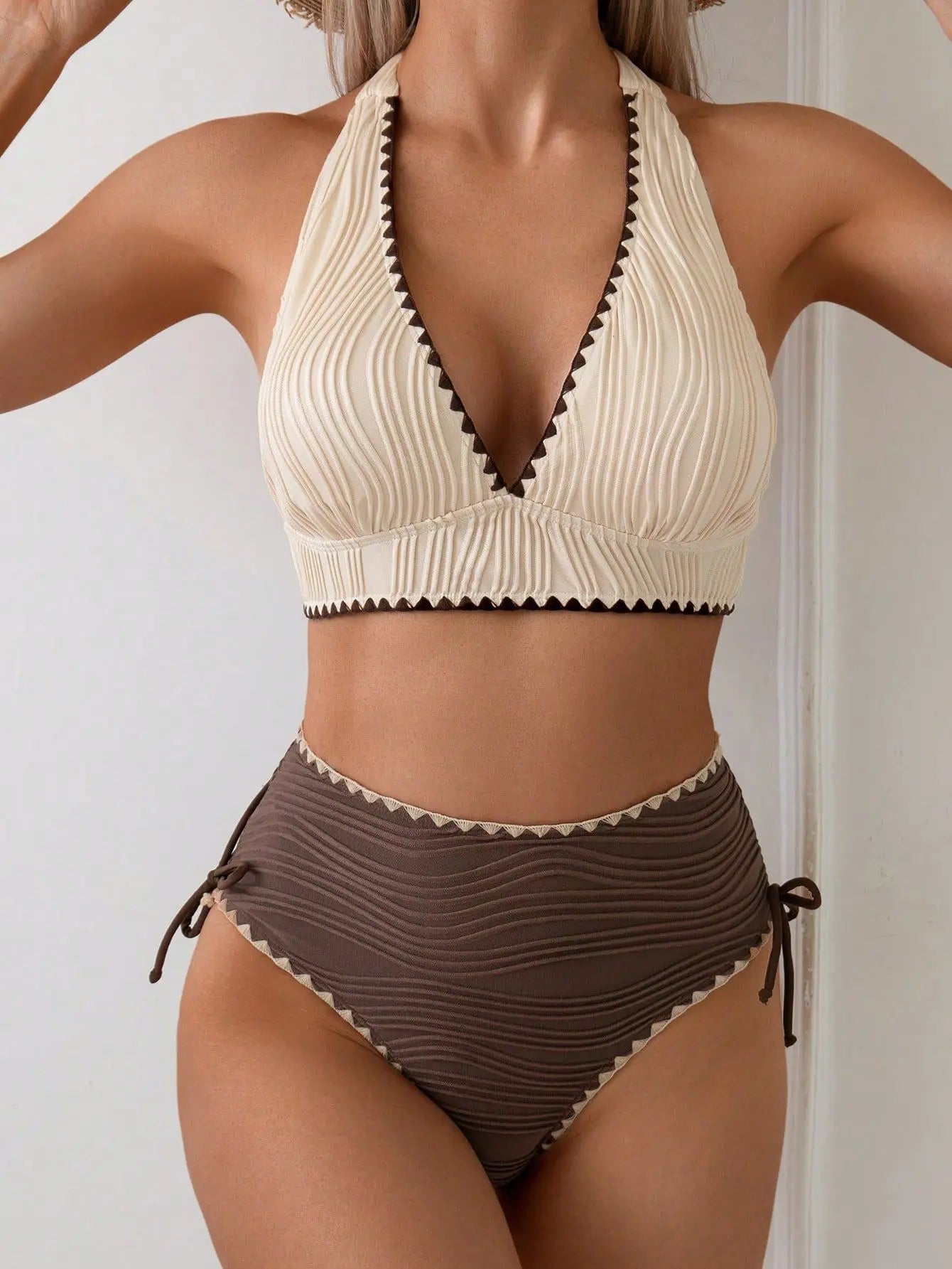 Color Block Bikini Set Lace Trim Two Piece Swimsuitwear Two Piece V Neck Solid Color Bikini Set