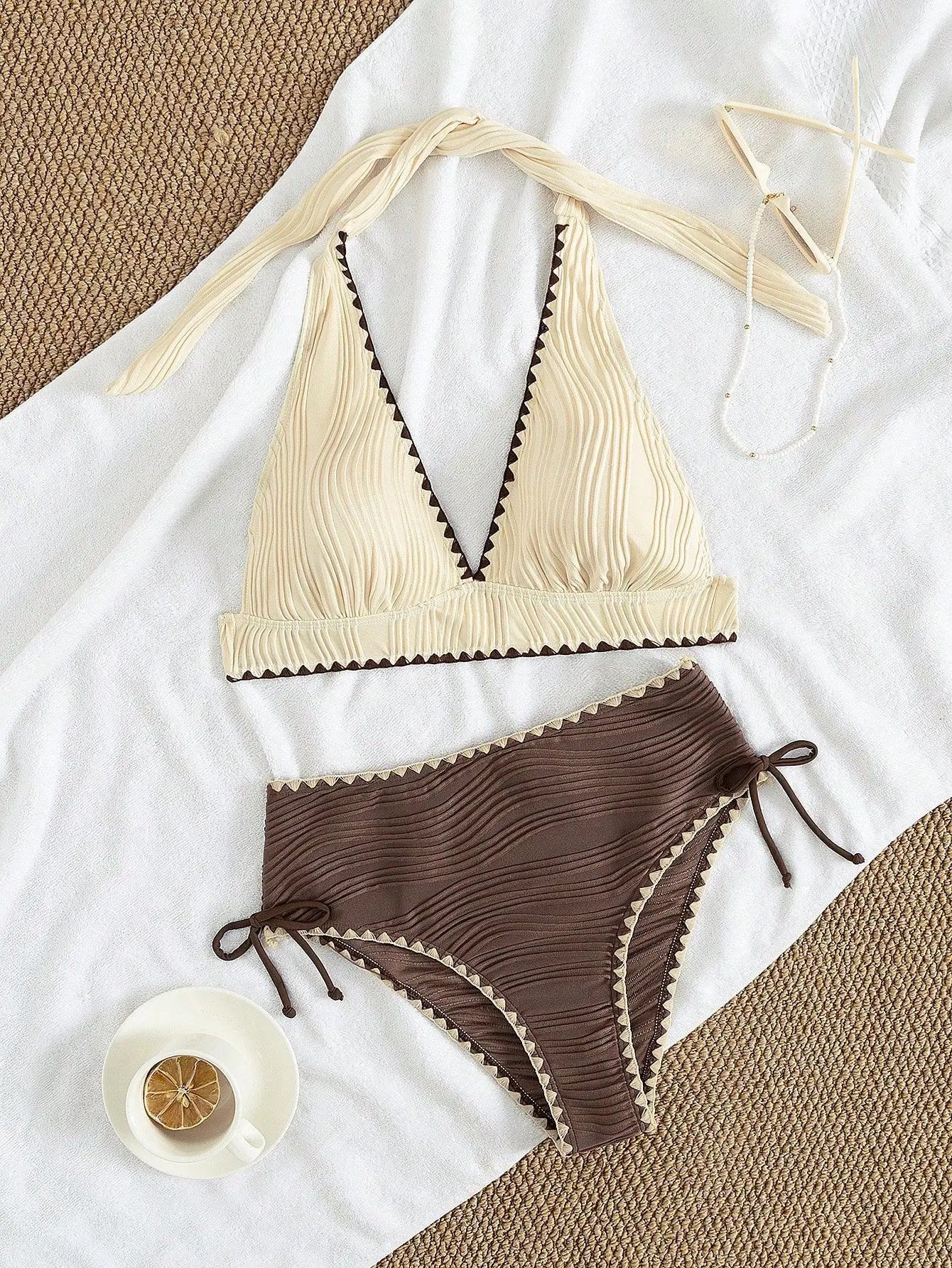Color Block Bikini Set Lace Trim Two Piece Swimsuitwear Two Piece V Neck Solid Color Bikini Set