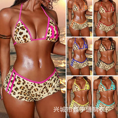 Color Block Leopard Bikini Set Tie-Front Top & Booty Outfit Two Piece Suit