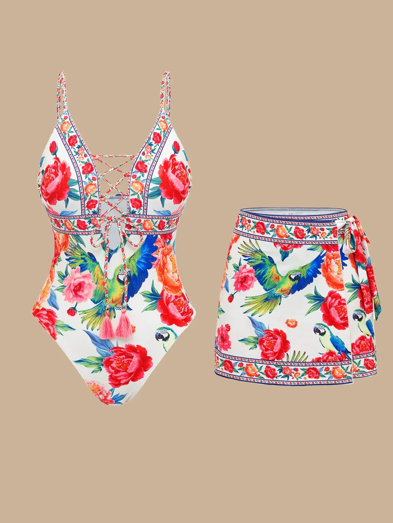 Deep V Cutout One Piece Swimsuit Boho Floral Print Mini Two Piece Swimwear