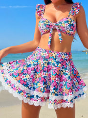 Ditsy Floral Print 3 Piece Tie Side Bikini Set Tummy Control Swimwear Swimsuit