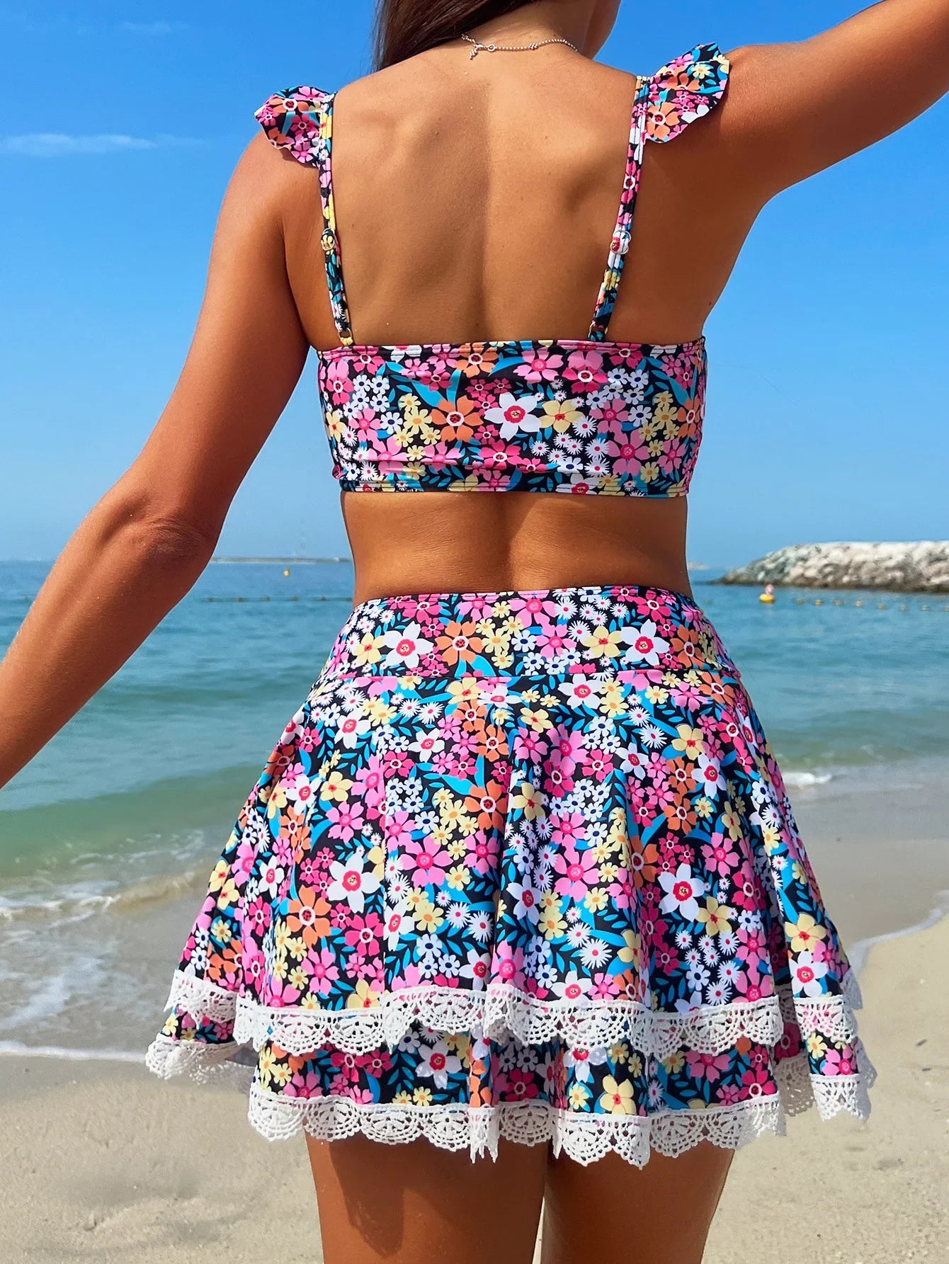 Ditsy Floral Print 3 Piece Tie Side Bikini Set Tummy Control Swimwear Swimsuit