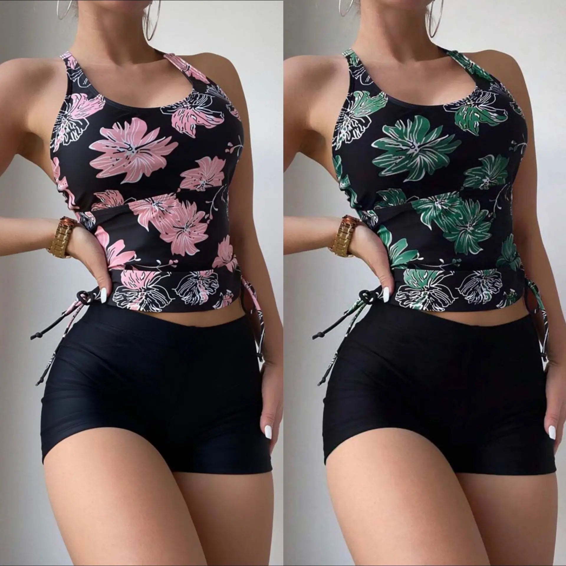 Floral Print Bikini Set with Boyleg Bottoms Two Piece Swimsuit Topswear