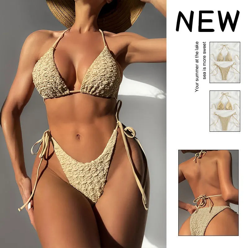 Halter Tie Side Bikini Set Three Point Swimsuitwear Open Back Thongs Swimwears