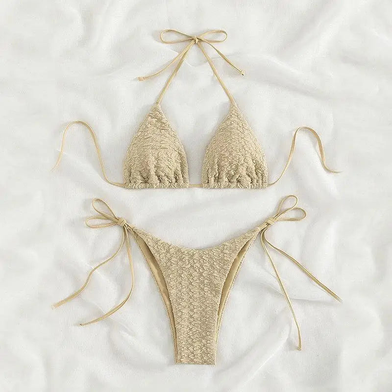 Halter Tie Side Bikini Set Three Point Swimsuitwear Open Back Thongs Swimwears