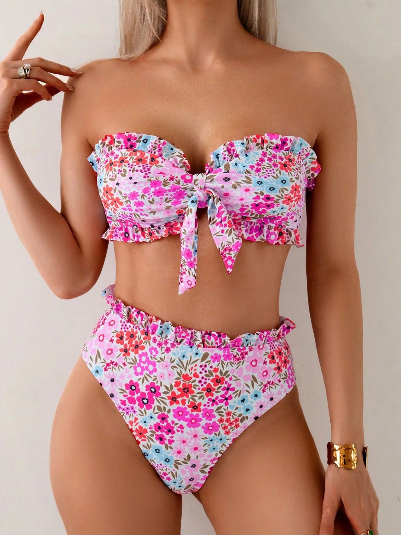 Lace Trim Floral Bikini Set Strapless Two Piece Swimsuit Off Shoulder Crop Top Panties