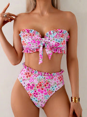 Lace Trim Floral Bikini Set Strapless Two Piece Swimsuit Off Shoulder Crop Top Panties