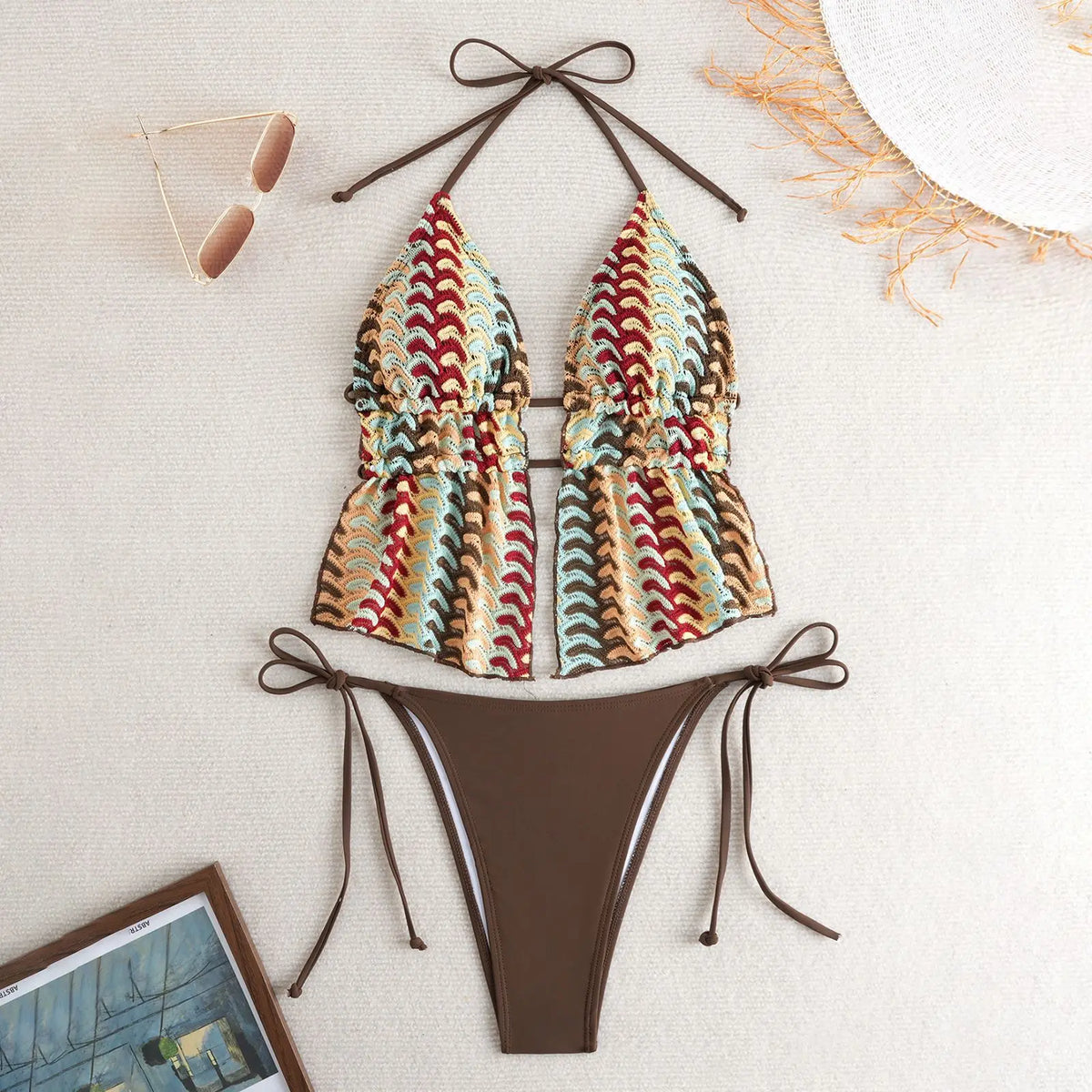 Knit Bikini Set Halter Tie-Front Top & Bottom Two Piece Swimsuit Lace Up Panty Sets