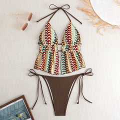 Knit Bikini Set Halter Tie-Front Top & Bottom Two Piece Swimsuit Lace Up Panty Sets