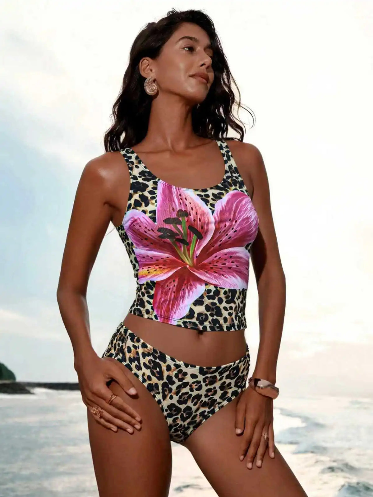 Leopard Print Two Piece Swimsuit Plunge U-Neck Tummy Control Bathingwearwear