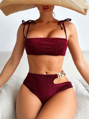Metal Ring Bikini Set Solid Color Two Piece Swimsuit with O-Ring Detail Panties