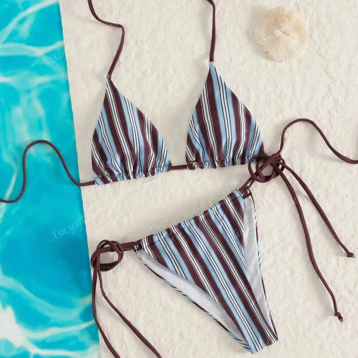 Navy Striped Bikini Set Tie-Front Two Piece Swimsuit Open Back Halter Micro Bikini Sets Bandage