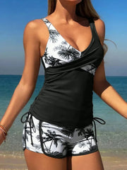 Palm Print Drawstring Tankini Set Tummy Control Modest Two Piece Swimwear Two Piece Suit