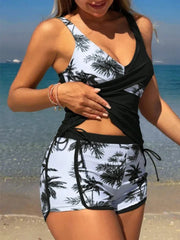 Palm Print Drawstring Tankini Set Tummy Control Modest Two Piece Swimwear Two Piece Suit