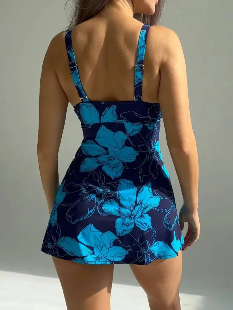 Printed Bikini Set Tummy Control Backless Two Piece Swimsuit Symmer Sleeveless V Neck Mini Dress Tops