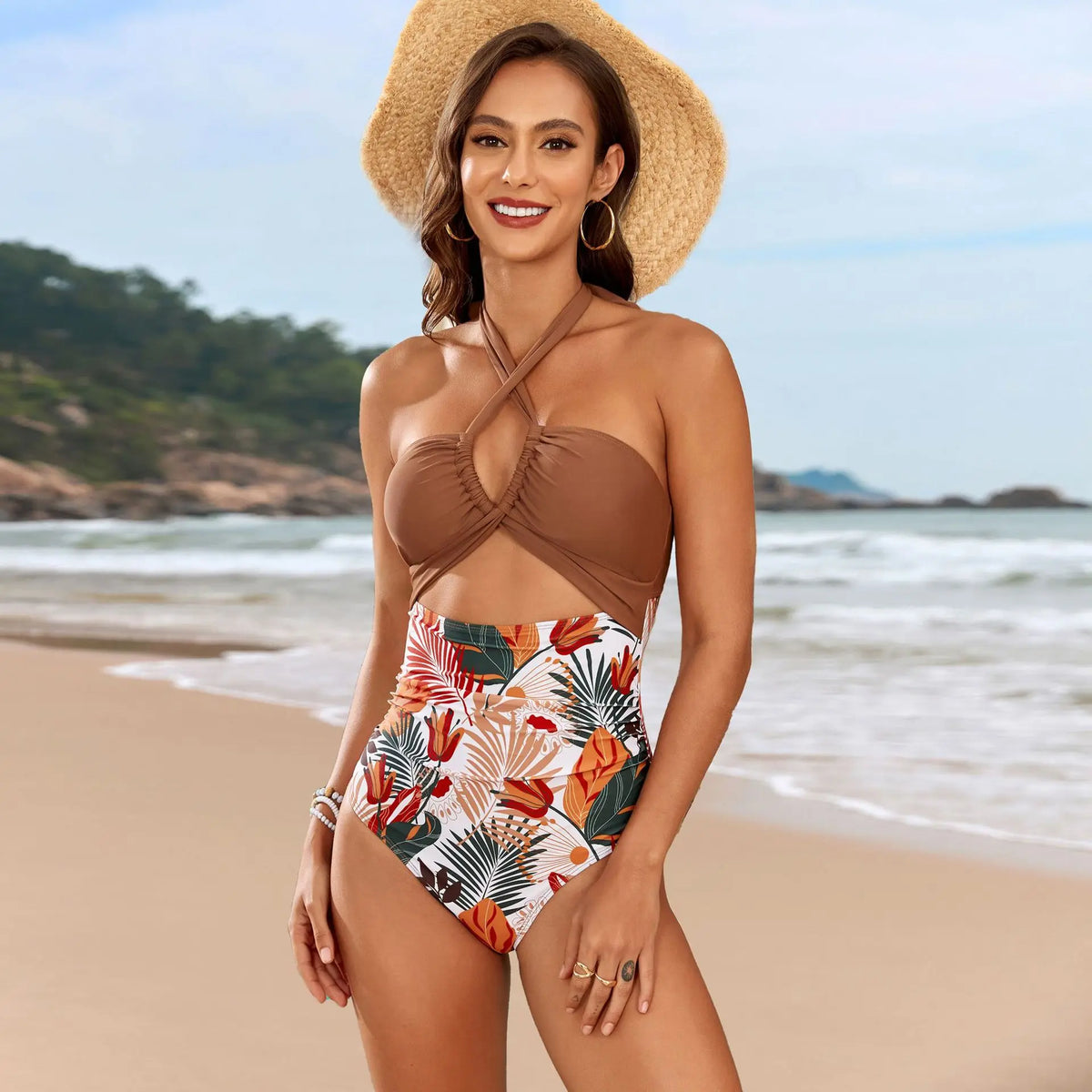 Tie-Front One-Piece Swimsuit 2 Piece Set Halter Monokini Cross-Border Corset Top Cover Up