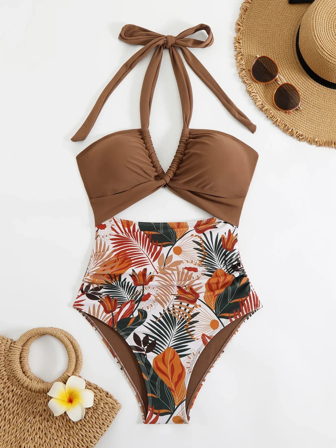 Tie-Front One-Piece Swimsuit 2 Piece Set Halter Monokini Cross-Border Corset Top Cover Up