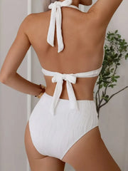 V-Neck Halter Bikini Top Backless Two Piece Swimsuit Slimming Solid Color White Swimsuit