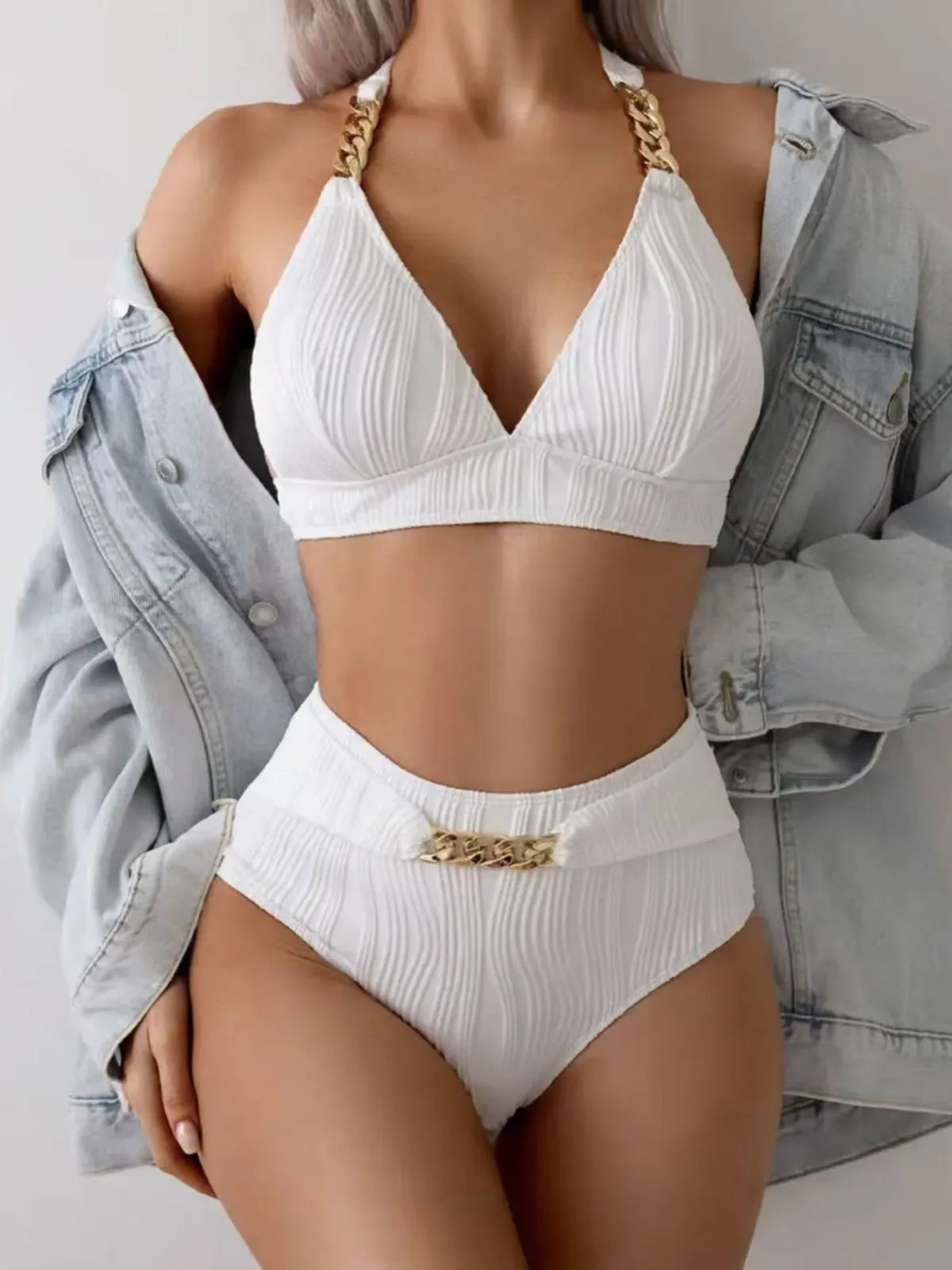 V-Neck Halter Bikini Top Backless Two Piece Swimsuit Slimming Solid Color White Swimsuit