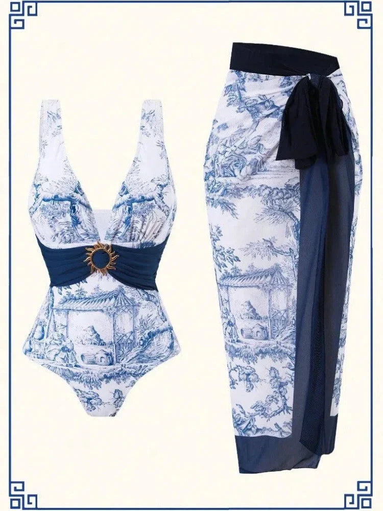 V Neck Floral Two Piece Swimsuit with Retro Slimming Bathing Suit Long