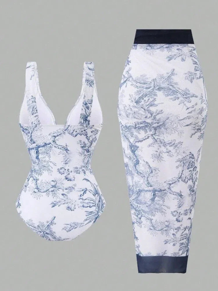 V Neck Floral Two Piece Swimsuit with Retro Slimming Bathing Suit Long