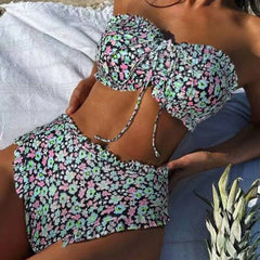 Womens Bandeau Bikini Top with Floral Print Ruffle and Shirring Detail Two Piece Swimsuit Off Shoulder Two Piece Set