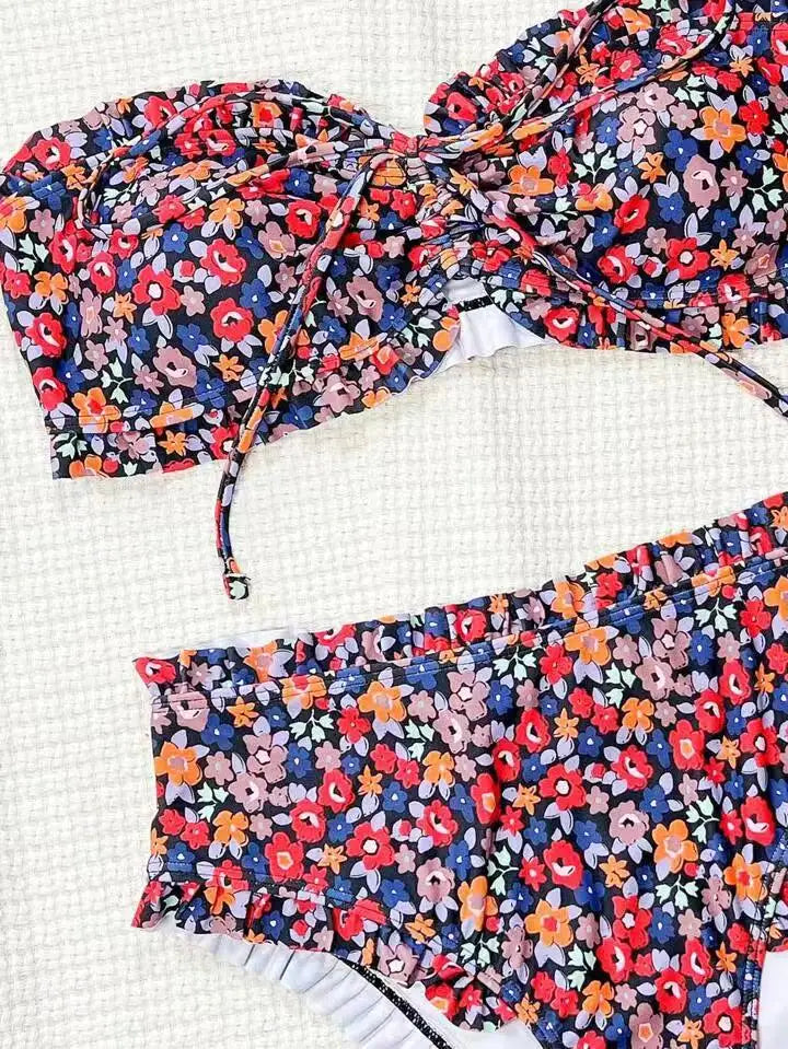 Womens Bandeau Bikini Top with Floral Print Ruffle and Shirring Detail Two Piece Swimsuit Off Shoulder Two Piece Set