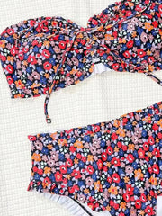Womens Bandeau Bikini Top with Floral Print Ruffle and Shirring Detail Two Piece Swimsuit Off Shoulder Two Piece Set