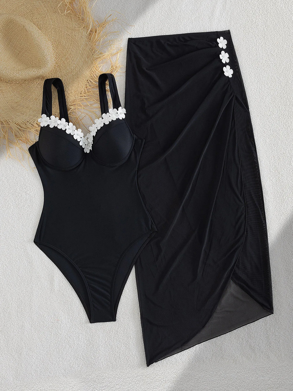 Womens Solid Color Block Two Piece Bikini Set High Split Mesh Black Swimsuit Bathing Suit Outfit
