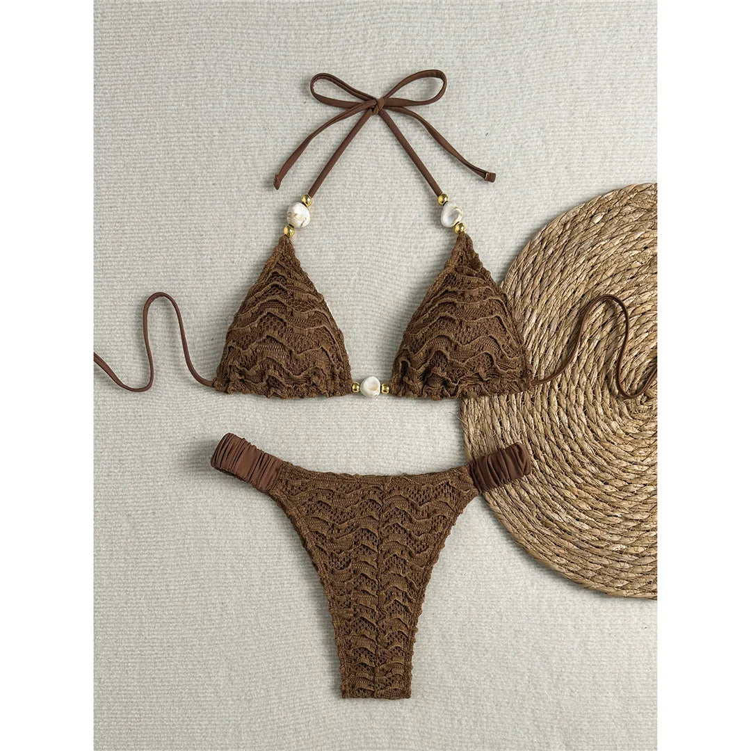 Wrinkled Crinkled Halter Bikini Two-pieces Bikini Set