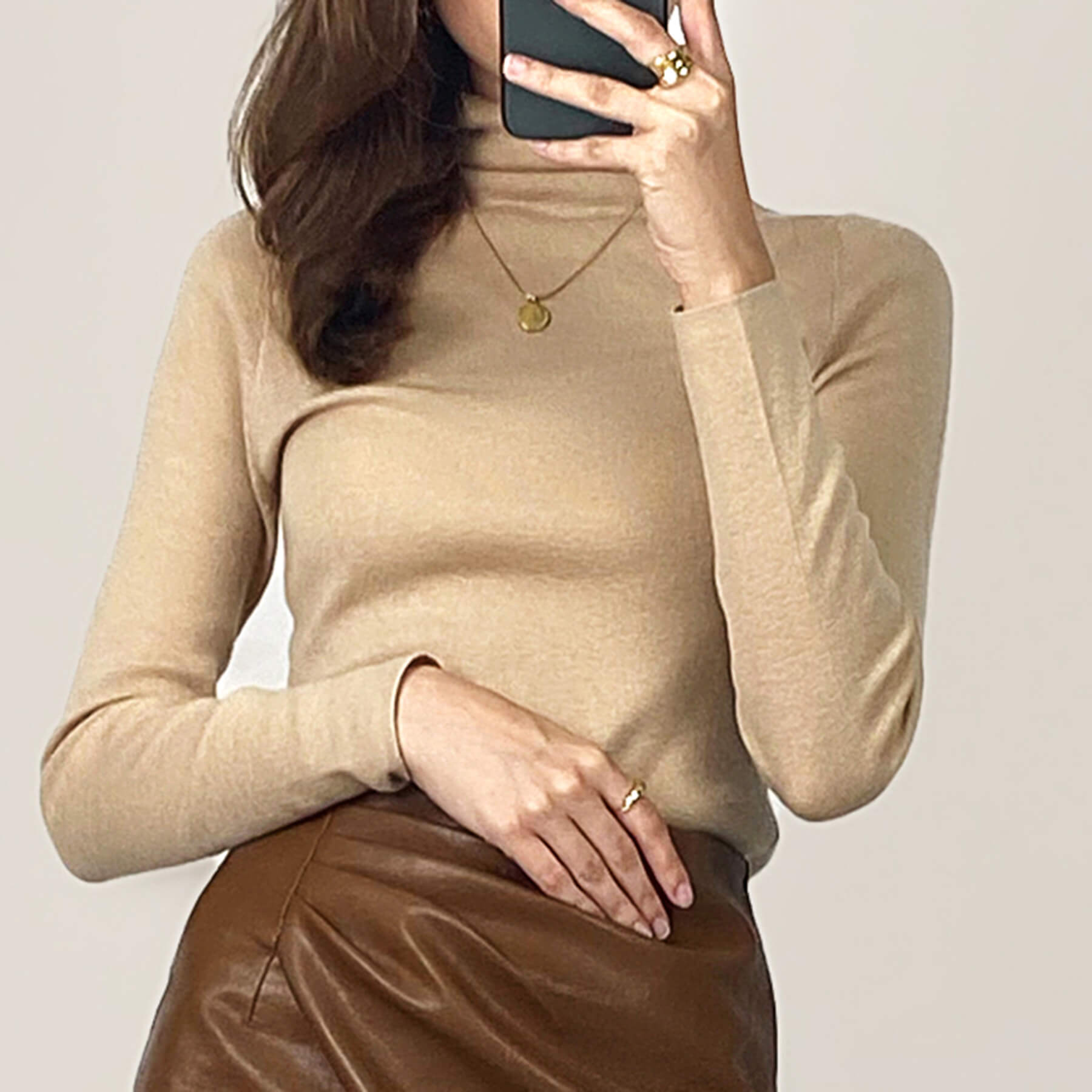 Tan Basic Wool-Blend Turtleneck Sweater
