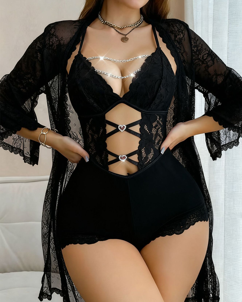 Front Closure Lace Strapless Bodysuit with Lace Robe