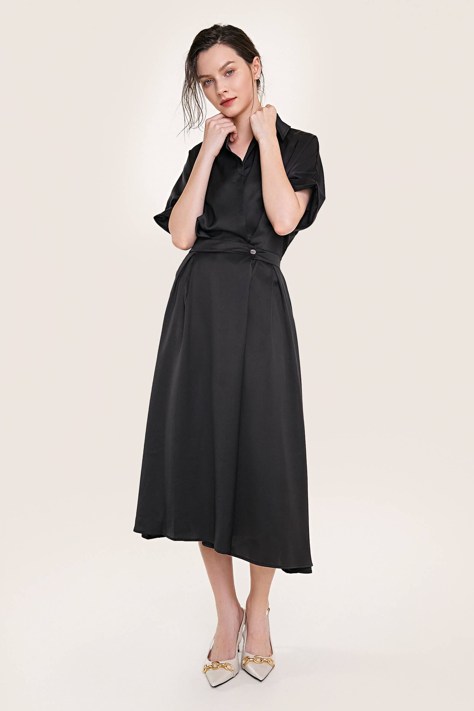 Black Short Sleeve Pleat Detail Shirt Dress