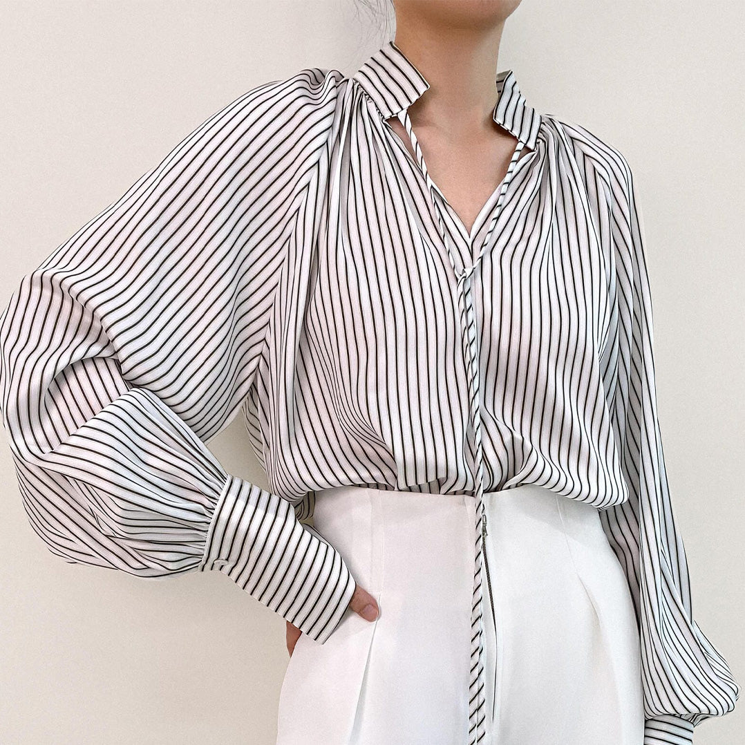 White High Neck Tie Detail Striped Blouse