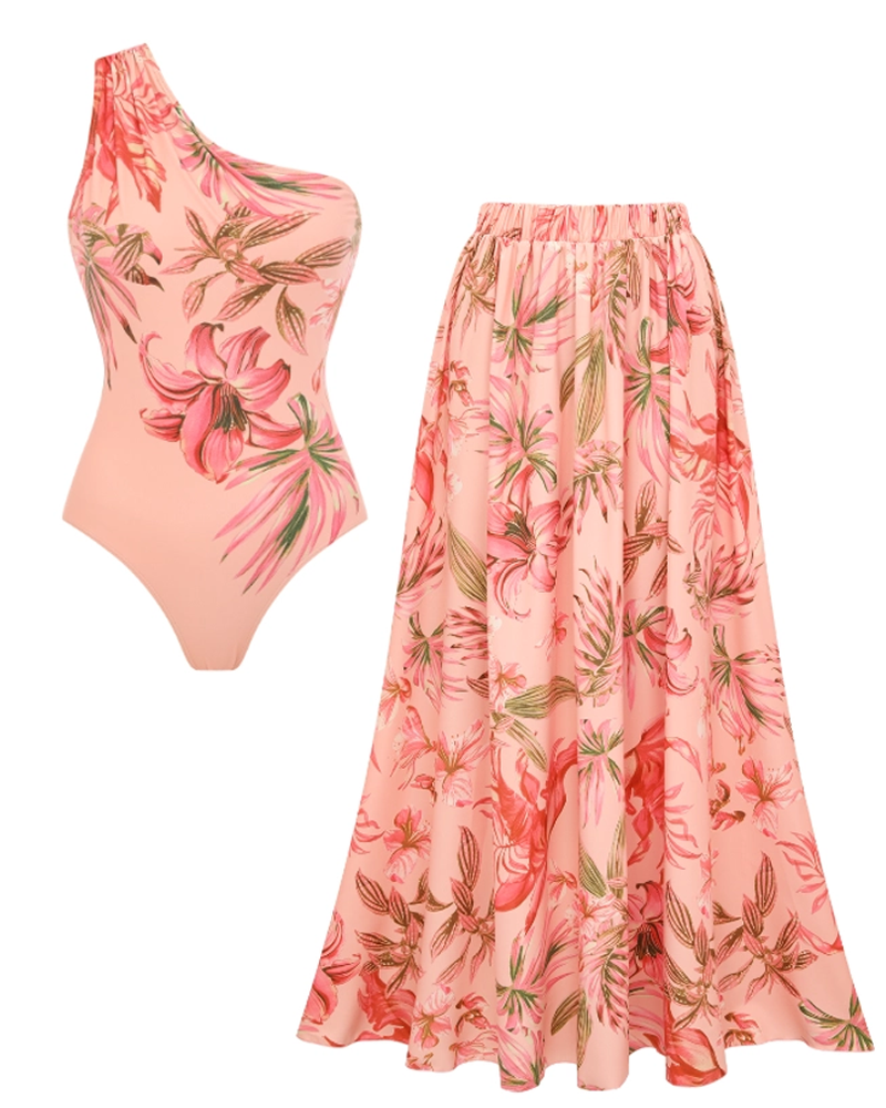 Pink Lily Print Swimsuit Set