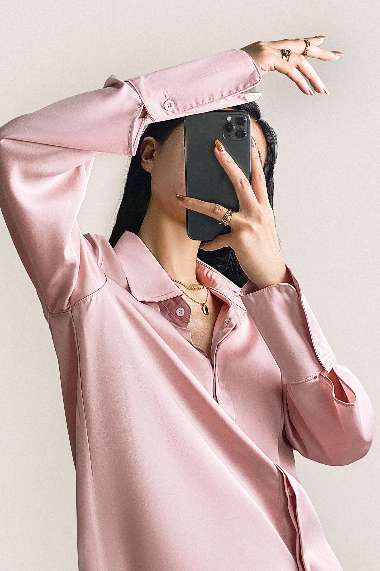 Pink Button-Up Satin Work Shirt