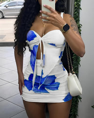 Beach Vacation Floral Print Strapless Top and Tight Skirt Set