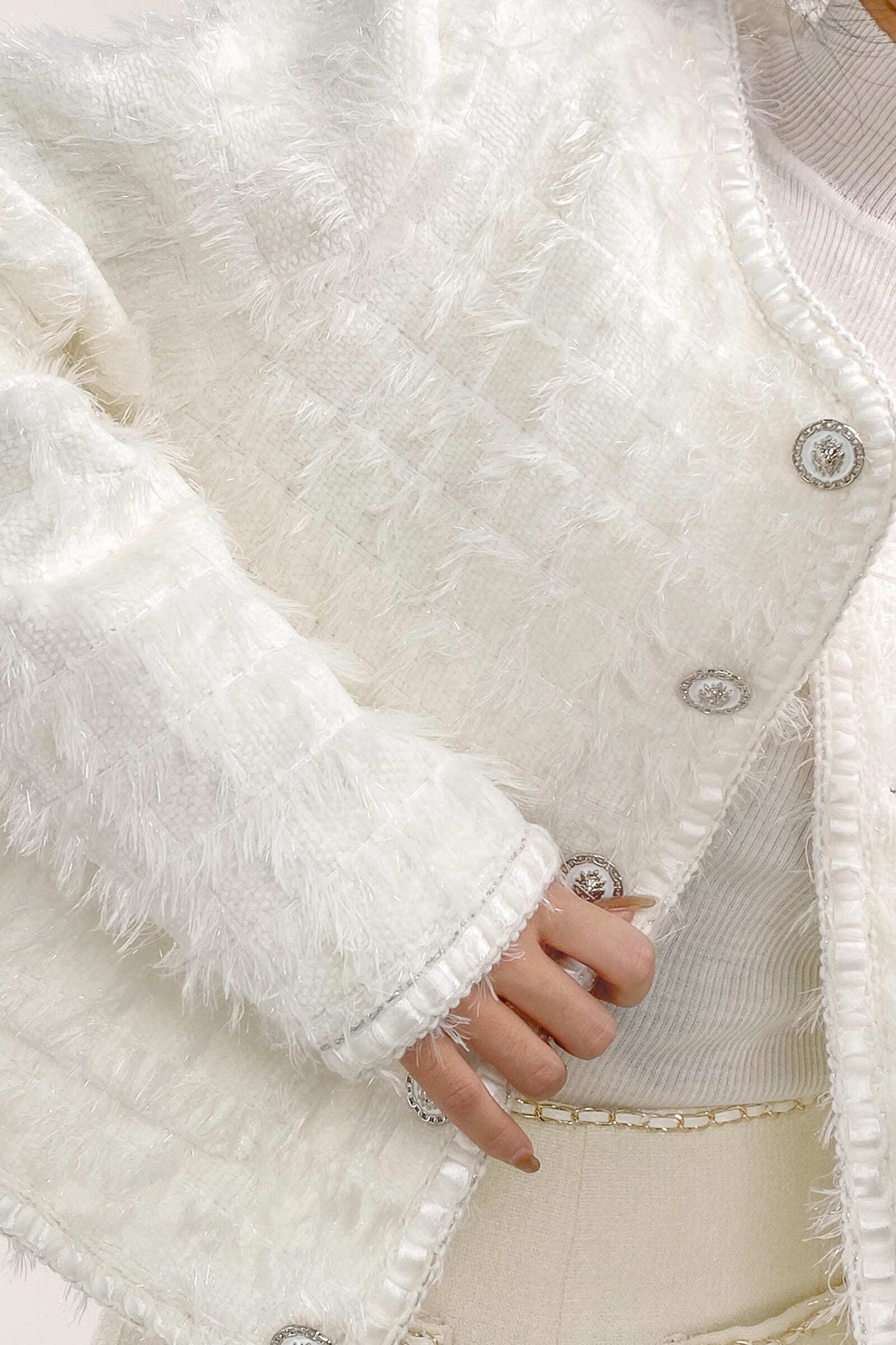 White Frayed Pocket Detail Round Neck Button-Up Tweed Jacket