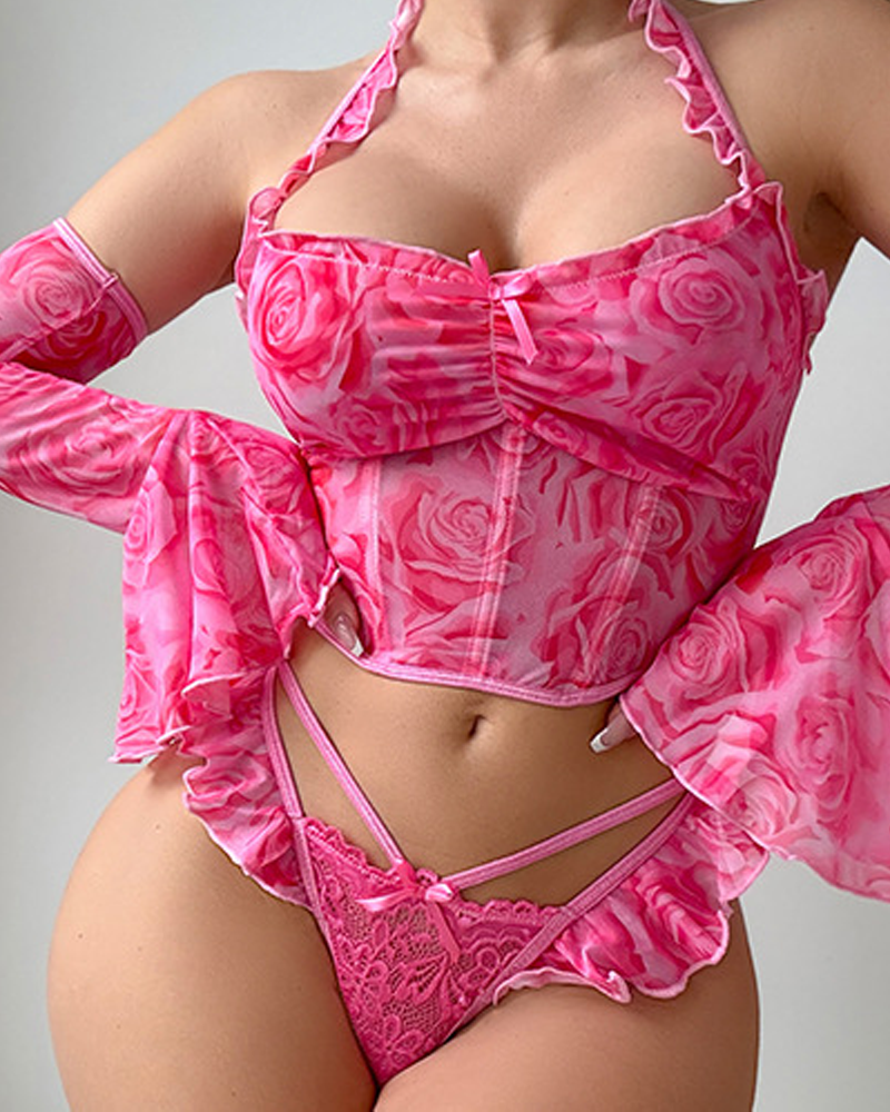 Rose Print Lingerie Set with Ruffle Sleeves